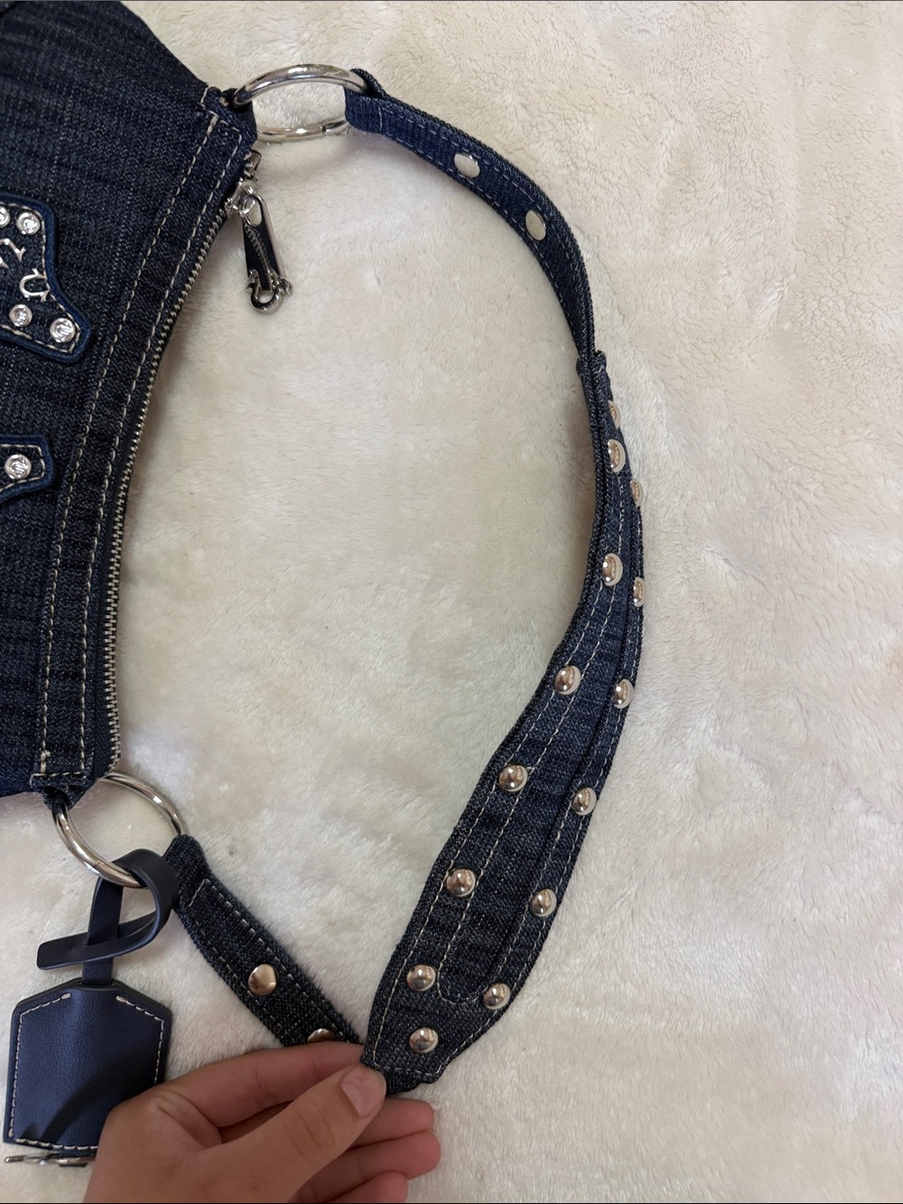 True Religion Dark Denim Studded Horseshoe Shoulder Bag Brand New - Picture 3 of 6